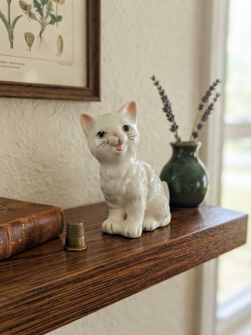 Vintage White Ceramic Cat Figurine Green Eyes Retro Kitten Statue Collectible